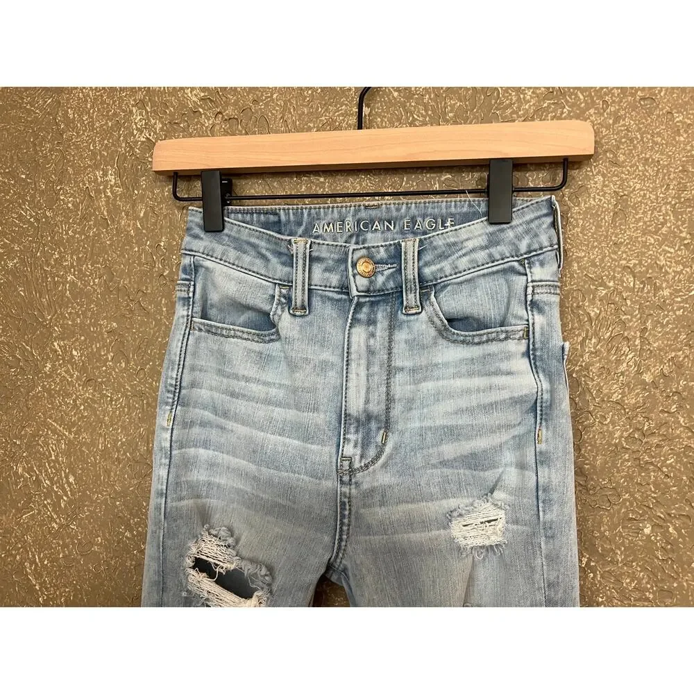 American Eagle Highest Rise Jegging Next Level Stretch Distress Raw Hem Size 00